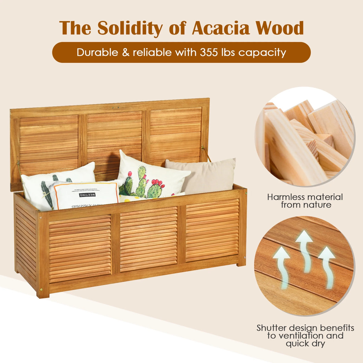 Gymax Acacia Wood Deck Box 46 Gallon Garden Backyard Storage Bench Container