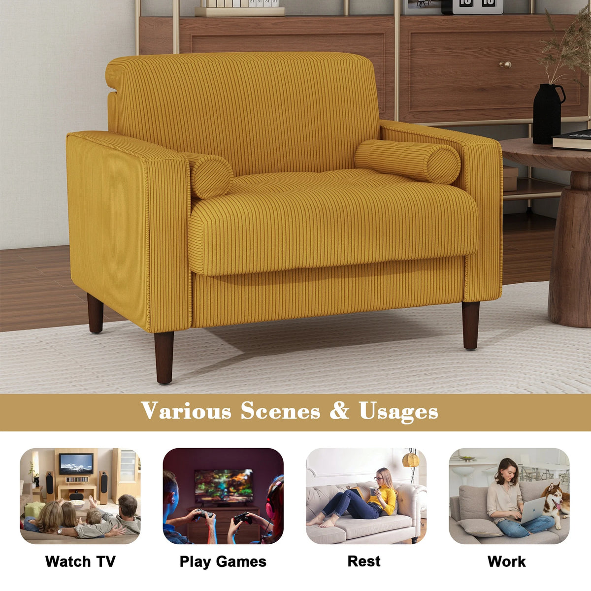 UIXE Corduroy Accent Chair Modern Upholstered Arm Chairs Comfy Reading Armchair with Pillow Armrest Tufted Living Room Single Sofa Lounge Seat, Yellow