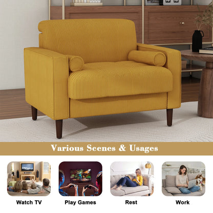UIXE Corduroy Accent Chair Modern Upholstered Arm Chairs Comfy Reading Armchair with Pillow Armrest Tufted Living Room Single Sofa Lounge Seat, Yellow