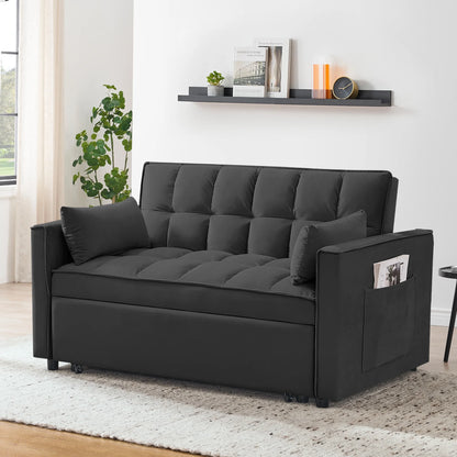 Convertible Sofa Bed,3-in-1 Sleeper Sofa with Pull Out Bed,Velvet Highly Elastic Sponge Futon Couch Loveseat with Adjustable Backrest and 2 Pillows for Living Room,Gray