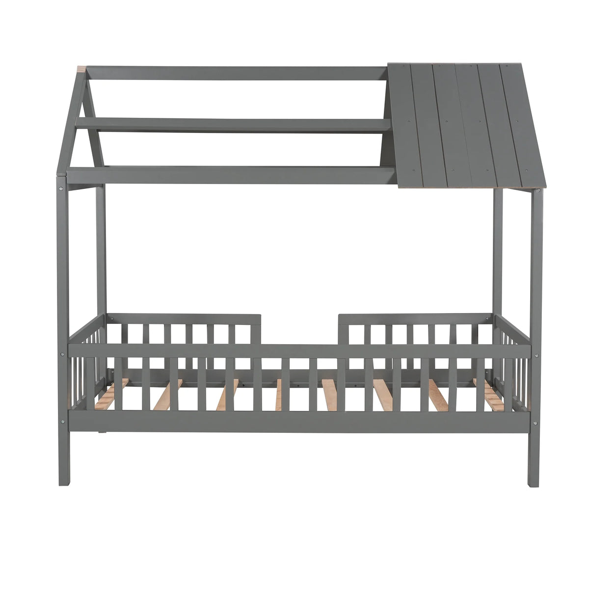 Euroco Twin Size Platform Bed, House Bed with Fence for Kids, Gray