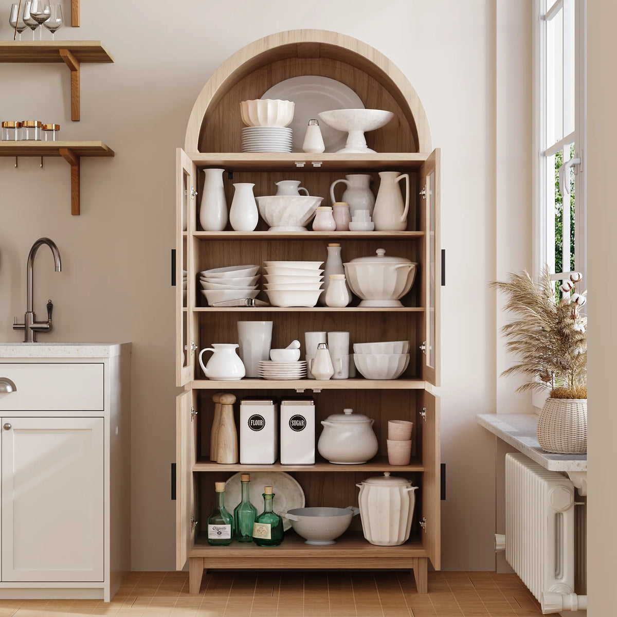 VEANERWOOD 71" Tall Arch Cabinet, Wood Fluted Kitchen Kitchen Storage Cabinet with 4 Doors and 6 Shelves for Dining Room Living Room