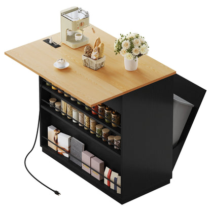 DEXTRUS Kitchen Island Cart with Drop Leaf & Power Outlets, Kitchen Island with 2 Trash Can Cabinets & Storage Shelves, Black