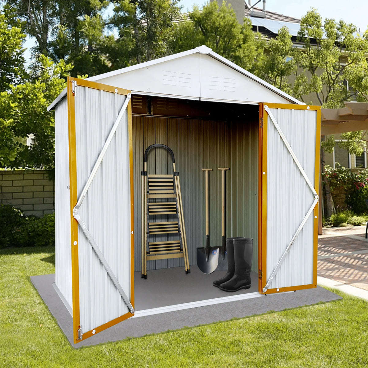 5��4 FT Outdoor Storage shed, Metal Shed with Sloping Roof and Lockable Door, Tool Shed for Bike, Toys, Backyard, Garden, Patio, White