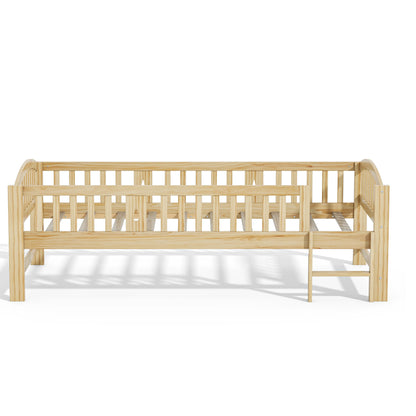 SESSLIFE Twin Size Platform Bed, Solid Wood Twin Bed Frame with Slats, Fence Guardrail Ladder, Twin Floor Bed with Strong Legs for Boys Girls, No Box Spring Needed, Holds 400 lbs, White