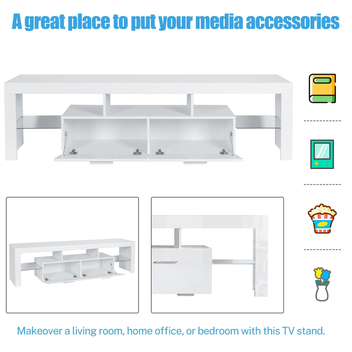 PAPROOS TV Stand for TVs up to 70", High Gloss TV Cabinet with LED Light, Modern TV Console Table with Storage Drawers, Media Television Stand Entertainment Center, White