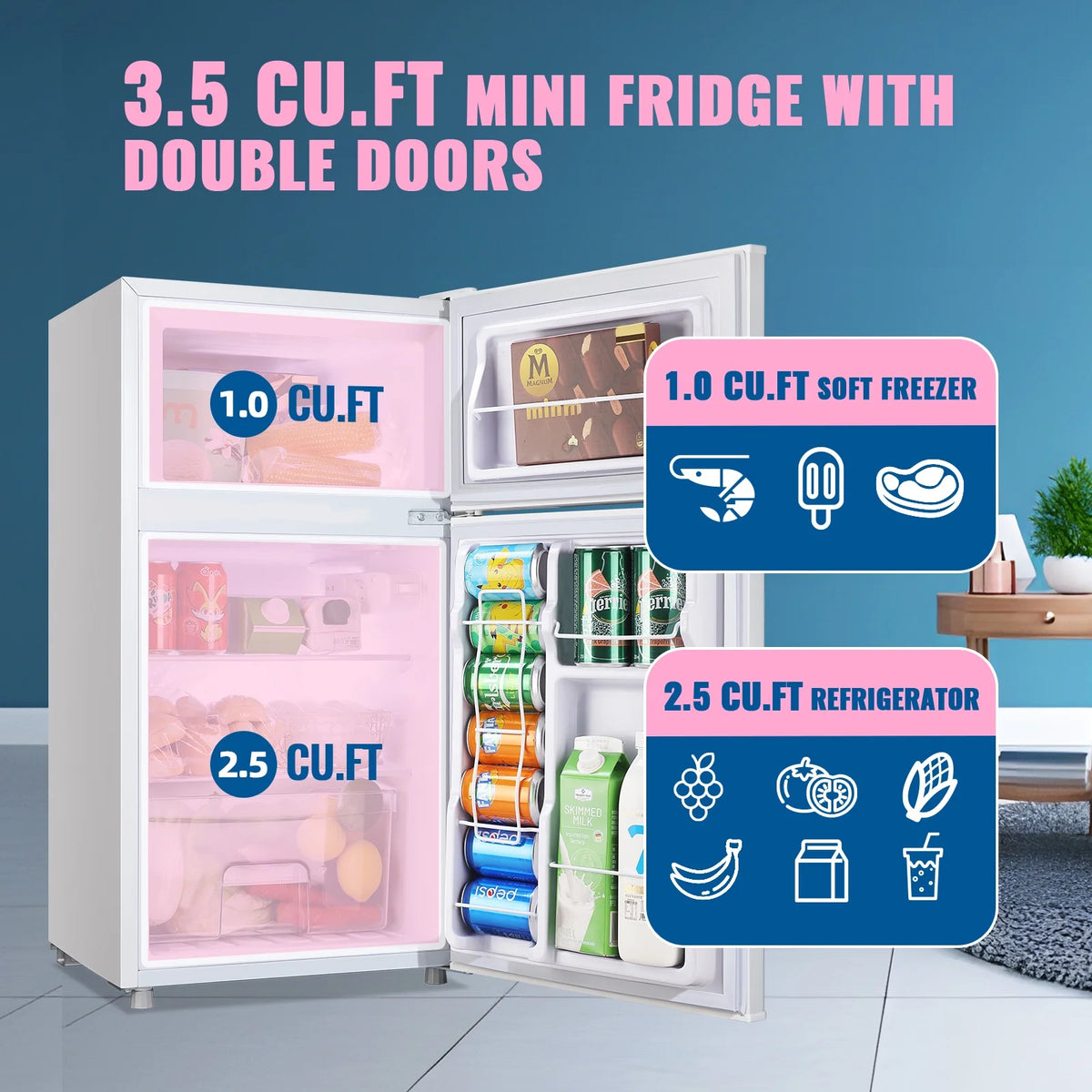 WANAI 3.5 Cubic feet Small Refrigerator with Freezer on Top Double Door Mini Fridge New White