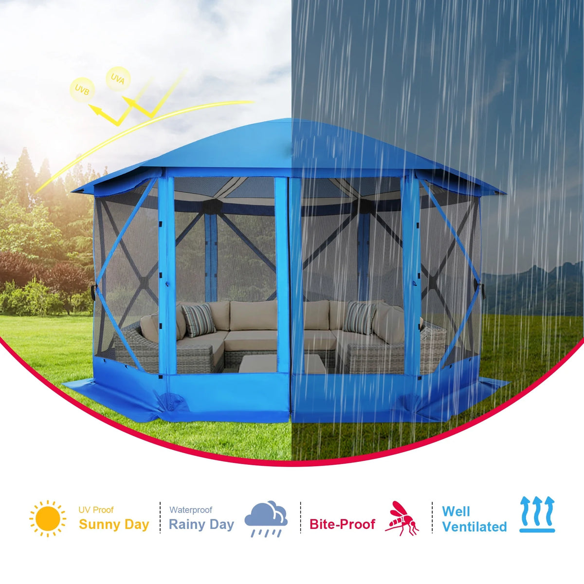 HOTEEL 12x12 Portable Pop-Up Outdoor Camping Gazebo, Screen Tent with Mosquito Nettings, Waterproof, UV, Bite Proof, Removable top Glamping Canopy with Carry Bag, Gray