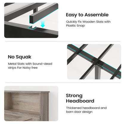 Twin Bed Frame with 4 Storage Drawers and Charging Station, Farmhouse Wooden Led Twin Bed with Storage Hidden Space Headboard and Metal Slats, Gray