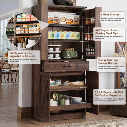 71" Tall Farmhouse Kitchen Pantry with 12 Side Shelves & Adjustable Shelves, 5 Layers Pantry Storage Cabinet w/Load-Bearing Steel Pipe & 4 Barn Doors for Kitchen, Dining Room, Living Room, Brown