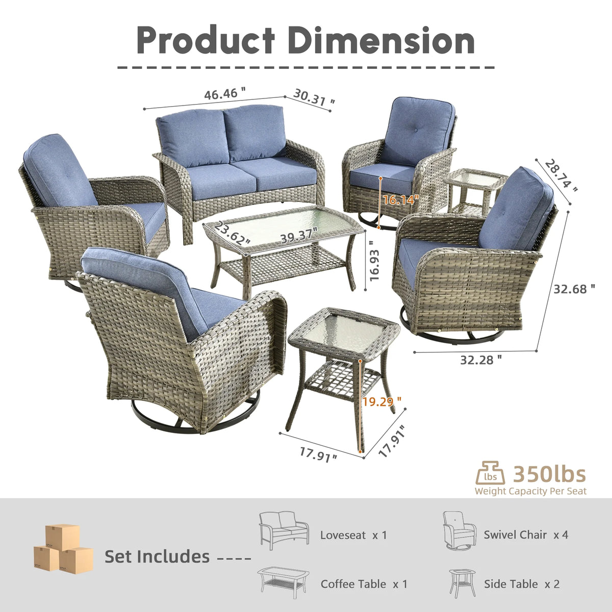 Ovios 5 Pieces Outdoor Patio Furniture Set High Back All Weather Wicker Conversation Set with Swivel Chairs & Coffee Table, Dark Gray