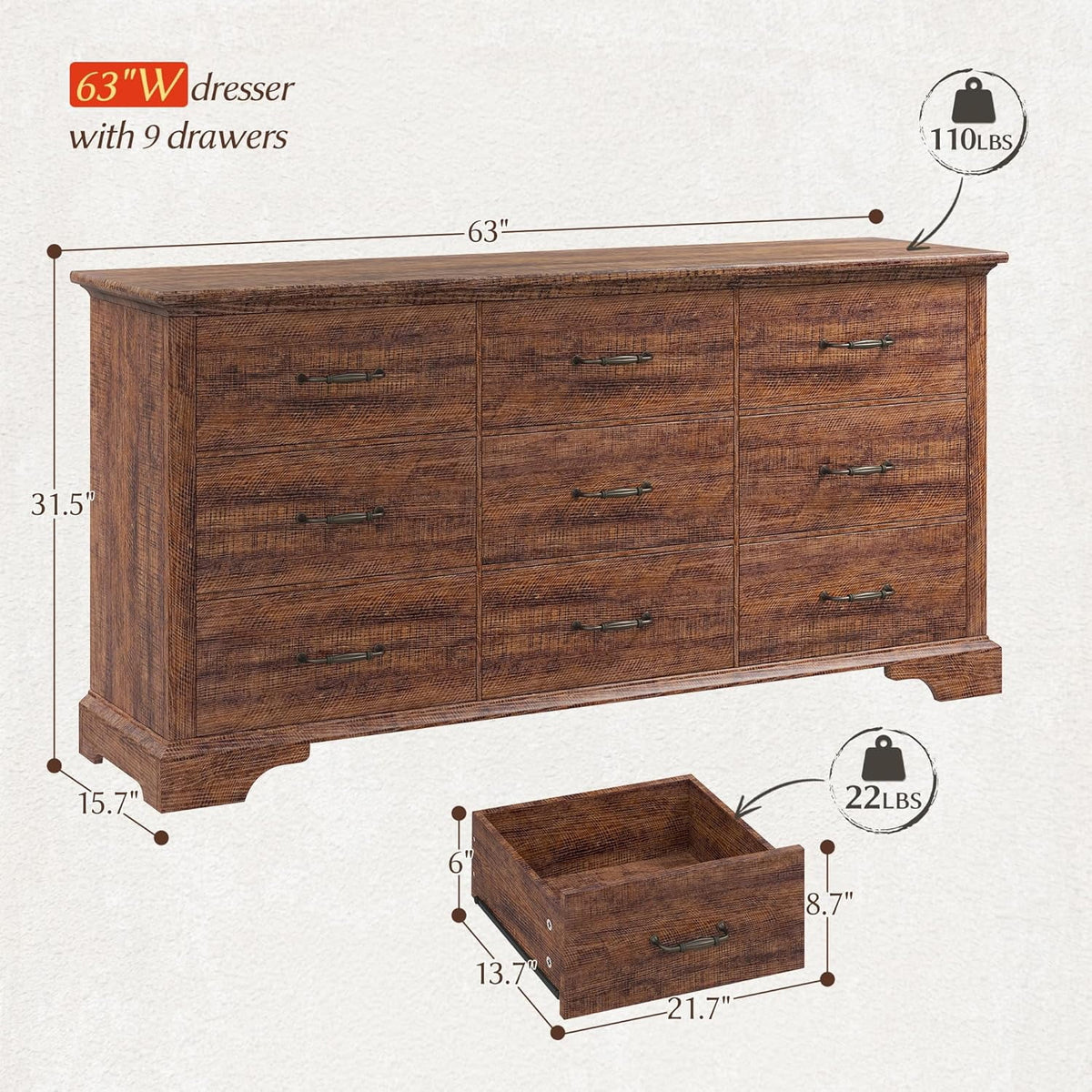 EnHomee Wood Dresser for Bedroom 9 Drawer Dressers&Chest of Drawers 63"L x 15.7"W x 31.5"H,Brown