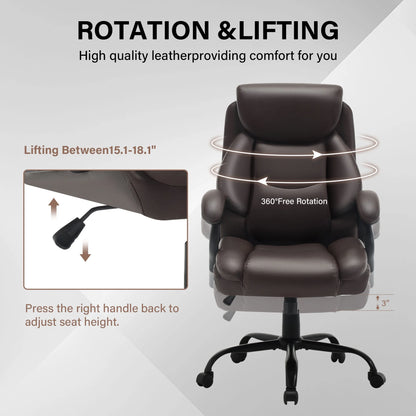 JONPONY Big and Tall Office Chair 500LBS Wide Seat Ergonomic Computer Desk Chair High Back Executive Leather Chair Adjustable Task Chair Lumbar Back Support 8 Hours Heavy Duty Design,Black