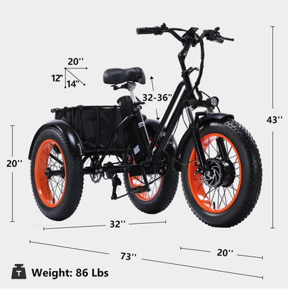 YEBEI Electric Tricycle for Adults Folding E-Trike Motorized Tricycle Electric 3 Wheels Trike Powerful 500W Motor Electric Tricycle 48V15AH Lithium Battery Max 20MPH 20*4.0” Fat Tire Orange