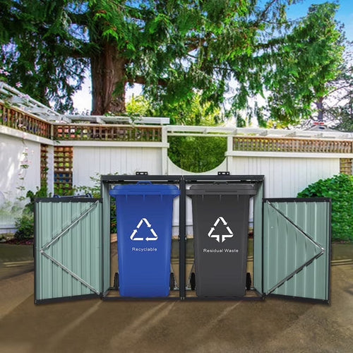 JXXRZ Metal Garbage Bin Shed for 2 Trash Cans with Lockable Doors and Lids,Galvanized Steel Garbage Bin Storage Shed for Garden Yard Lawn, Black