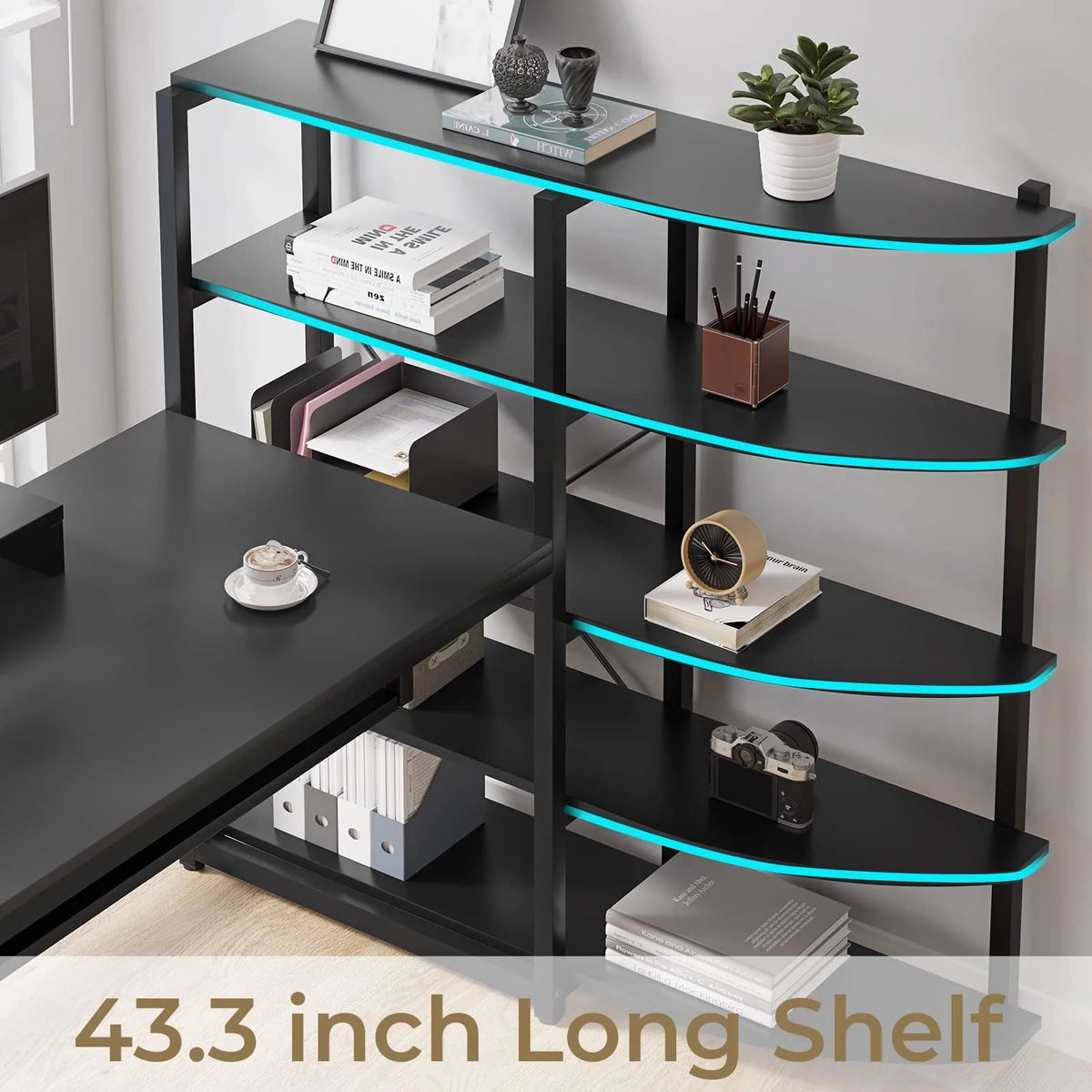 L Shaped Computer Desk, 63'' Corner Gaming Desk with LED Lights, Black Finish