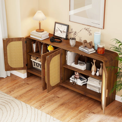 Modern Rattan Sideboard Buffet Cabinet, Kitchen Storage Cabinet, Living Room TV Stand for TVs up to 65", Entertainment Center with Adjustable Shelf, for Dining Living Room Hallway, White