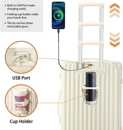 20 Inch Carry On Luggage With Cup Holder & USB Port, Airline Approved TSA-locked Luggage, Lightweight PC Material Travel Suitcase With 360�� Spinner Wheel