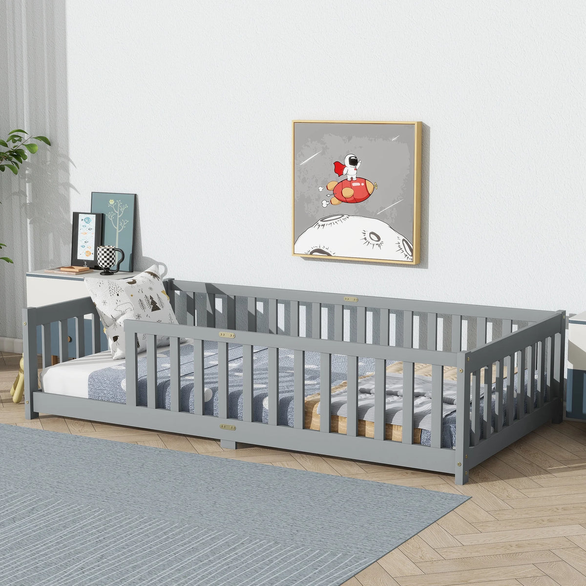 Miniyam Wooden Twin Size Floor Bed with Safety Fence for Kids, Natural