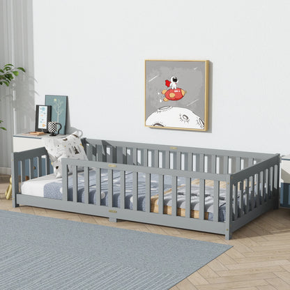 Miniyam Wooden Twin Size Floor Bed with Safety Fence for Kids, Natural