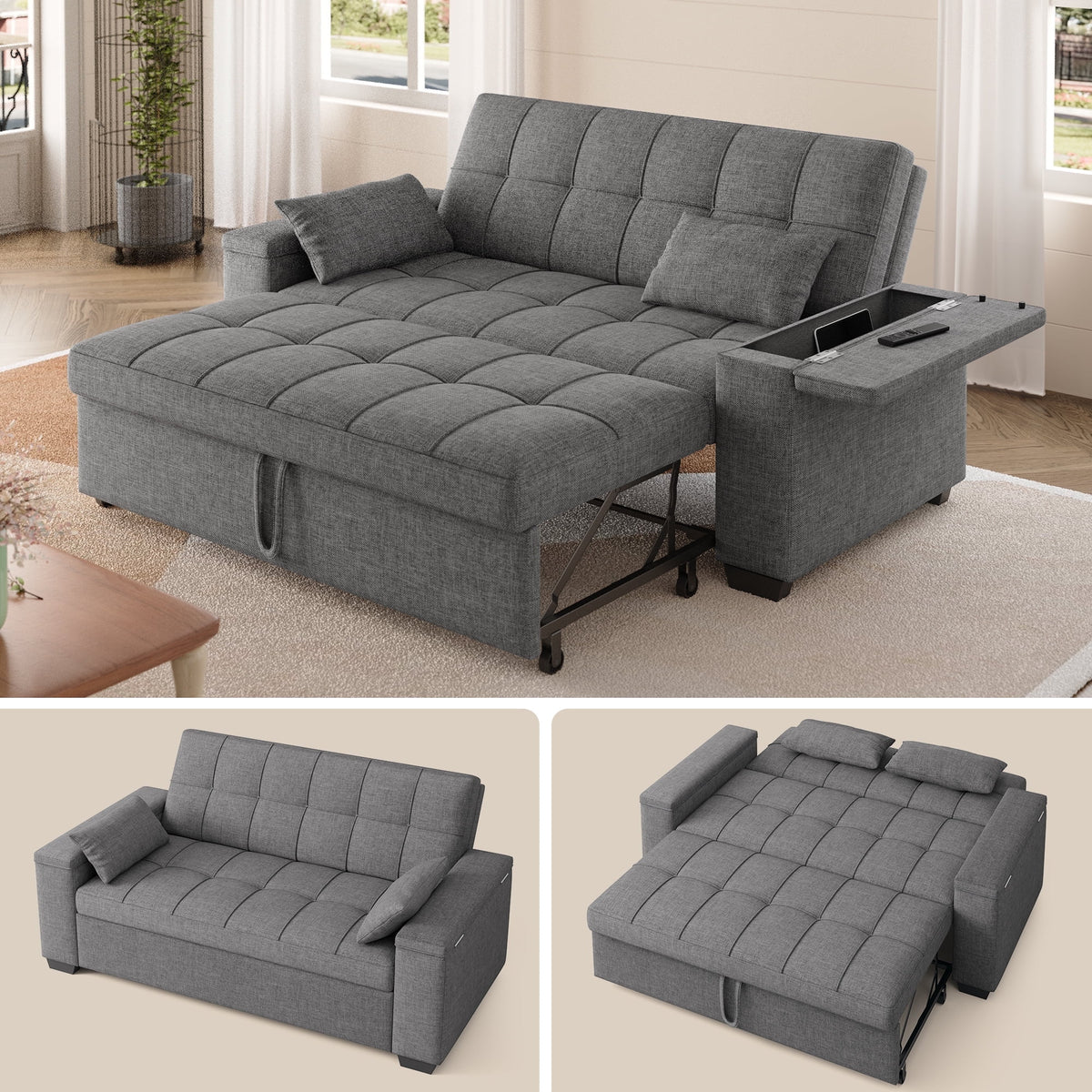 Sofa Bed, Lofka 3-in-1 Convertible Sleeper Sofa with Storage, Adjustable Backrest & Pull Out Function - Sleeper Chair for Small Space, Apartment, Dark Grey