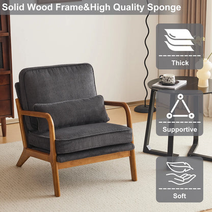 Ktaxon Accent Chair Corduroy Upholstered Armchair, Reading Club Chair with Pillow and Solid Wood Frame for Living Room Bedroom Furniture Off White