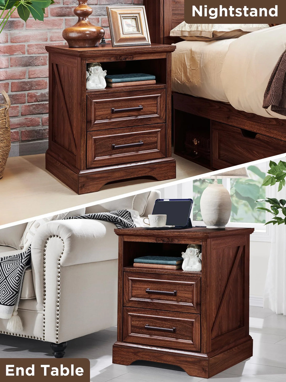 ACCOHOHO Nightstands Set of 2 with Charging Station, Rustic End Table with 2 Drawers Farmhouse Side Table with 3-tier Storage for Bedroom Living Room, White