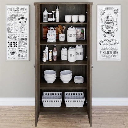 Bowery Hill Farmhouse Engineered Wood Tall Storage Cabinet with Doors in Black