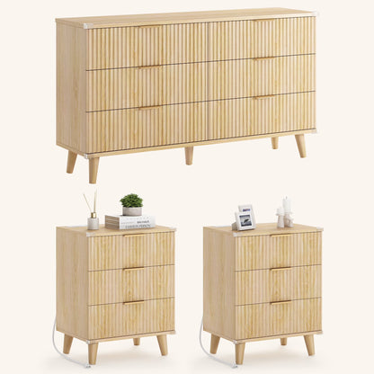 GIKPAL Bedroom Dresser and Nightstand 3 Piece Set - Includes Boho Double 6 Drawer Storage Dresser, Nightstand Set of 2 with Charging Station, Modern Bedroom Set, Natural