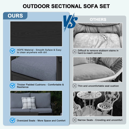 SERWALL Outdoor Patio Furniture Set, 7-Piece HDPE Outdoor Sofa Set Patio Conversation Set, Black Frame with Beige Cushions