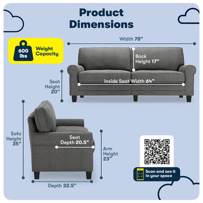 Serta Copenhagen 78" Rolled Arm Sofa with Removable Covers Dark Brown