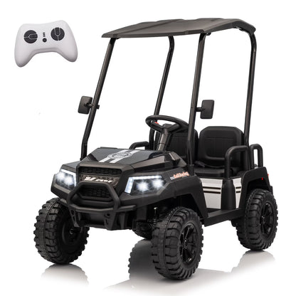 24V XL Kids Ride on Golf Cart, Electric Car w/Remote Control, Detachable Awning, 4 Seats, 3 Speeds, LED Lights, Spring Suspension, Bluetooth, Audio, Blue