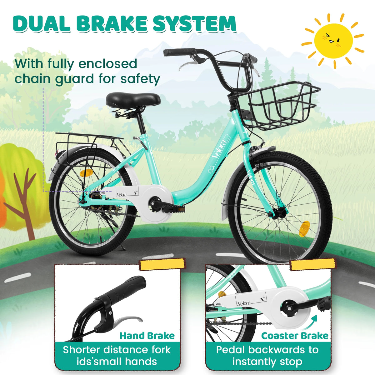 20 Inch Kids Bike for Boys Girls, 1 Speed Children Bicycle with Basket, Rear Seat, Chain Guard, Coaster Brake and V-Brake, Steel Frame Kids Bike for Ages 6-12 Years Old Birthday Gift, Purple