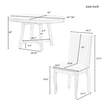 Harper & Bright Designs Round Extendable Dining Table Set for 4, 5 Piece Farmhouse Wood Dining Table Set with 4 Upholstered Dining Chairs, Natural Wood Wash