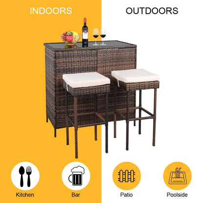 Ktaxon 3PCS Wicker Bar Set Patio Outdoor Table & 2 Stools Furniture Steel, Outdoor Bistro Set w/ Wicker Bar Stools