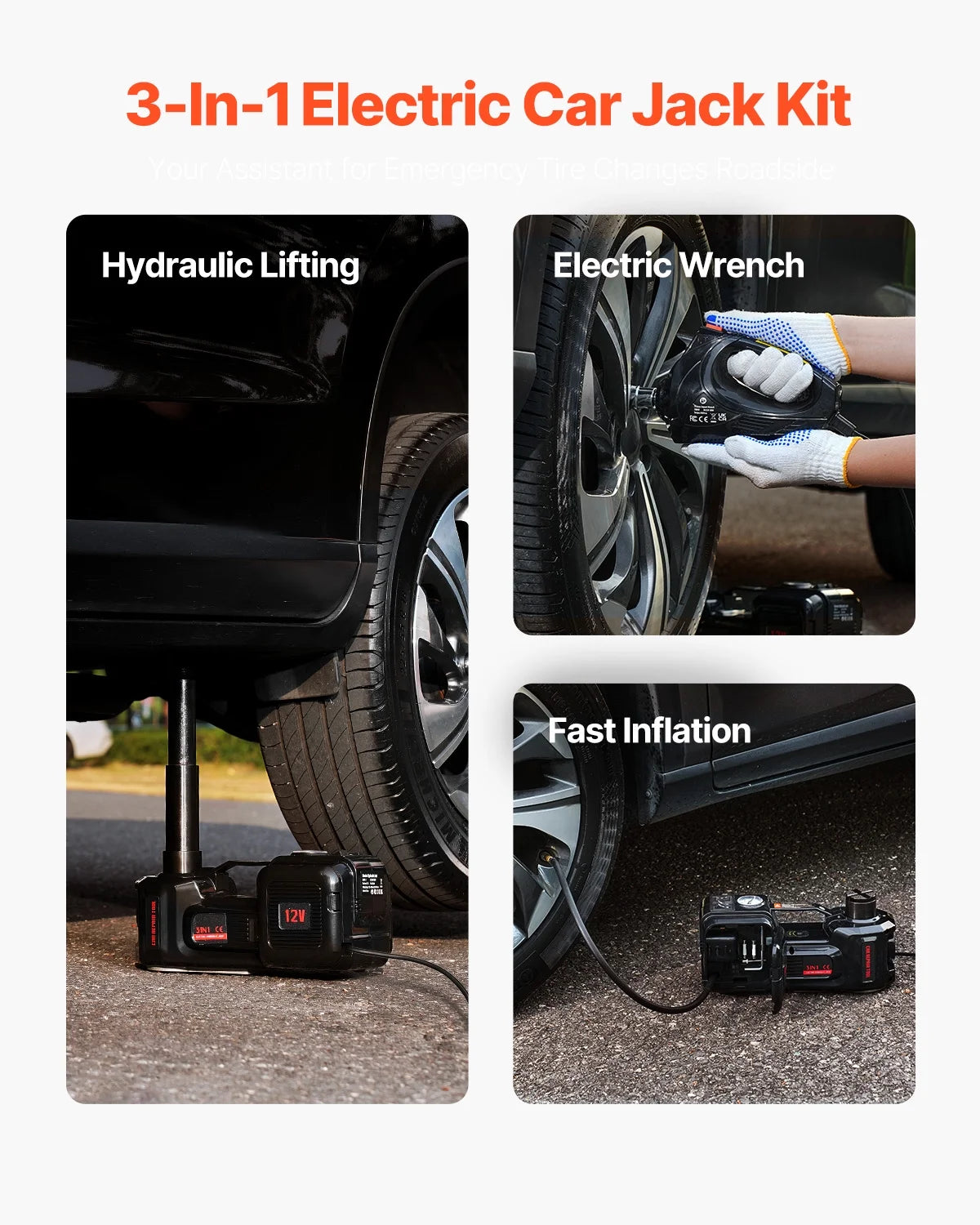 KFFKFF Electric Car Jack, Capacity of 5 Tons/11000 lbs, Integrated Inflator Electric Scissor Jack, 12V Tyre Swap Tool with Electric Torque Wrench & Illuminated LED, Compact Jack Set
