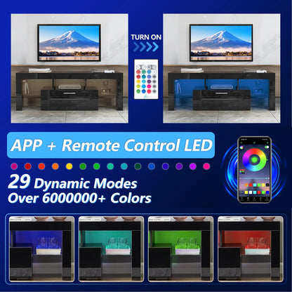 UHOMEPRO TV Stand for TV up to 70", Living Room Entertainment Center with RGB LED Lights and Storage Shelves Furniture, White High Gloss TV Cabinet Console Table