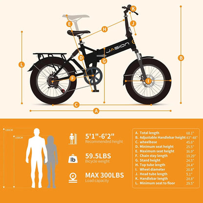 Jasion EB7 2.0 Electric Bike for Adults, 500W Motor Electric Bicycles with 48V 10AH Removable Battery, 20" Fat Tire Foldable Electric Bike with Dual Shock Absorber, 7-Speed