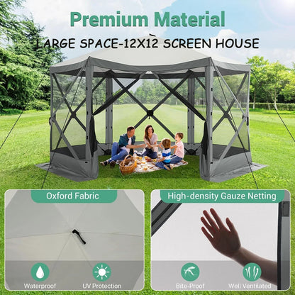 COBIZI 12x12 Pop Up Canopy Gazebo, Outdoor Canopy Tent Screen House with 5 sidewalls and Netting for Camping, Waterproof, UV Resistant, Ez Set-up Party Tent with Carrying Bag and Ground Stakes,Brown