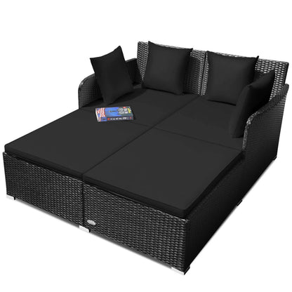 Costway Outdoor Patio Rattan Daybed Pillows Cushioned Sofa Furniture Beige