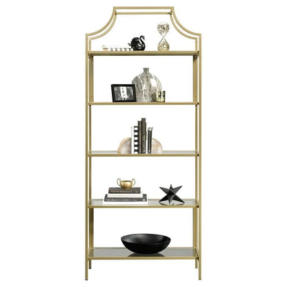 Pemberly Row 5-Shelf Modern Metal Bookcase in Gold Satin/Faux Deco Stone