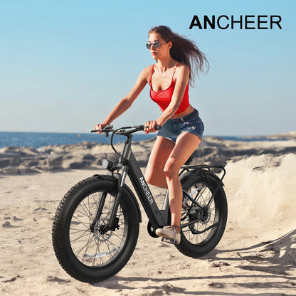 ANCHEER Electric Bike for Adults, 750W Ebike, 28MPH 60Miles Electric Mountain Bike, 26" Fat Tire Electric Bicycle with 48V 15AH Battery, Rear Rack, Lockable Suspension Fork,7 Speed, UL2849