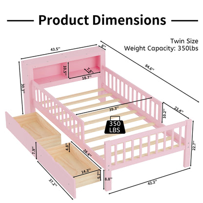 Euroco Wood Twin Size Platform Bed with Storage Headboard and Drawers, Low Profile Bed with Guardrails for Kids and Toddlers, White