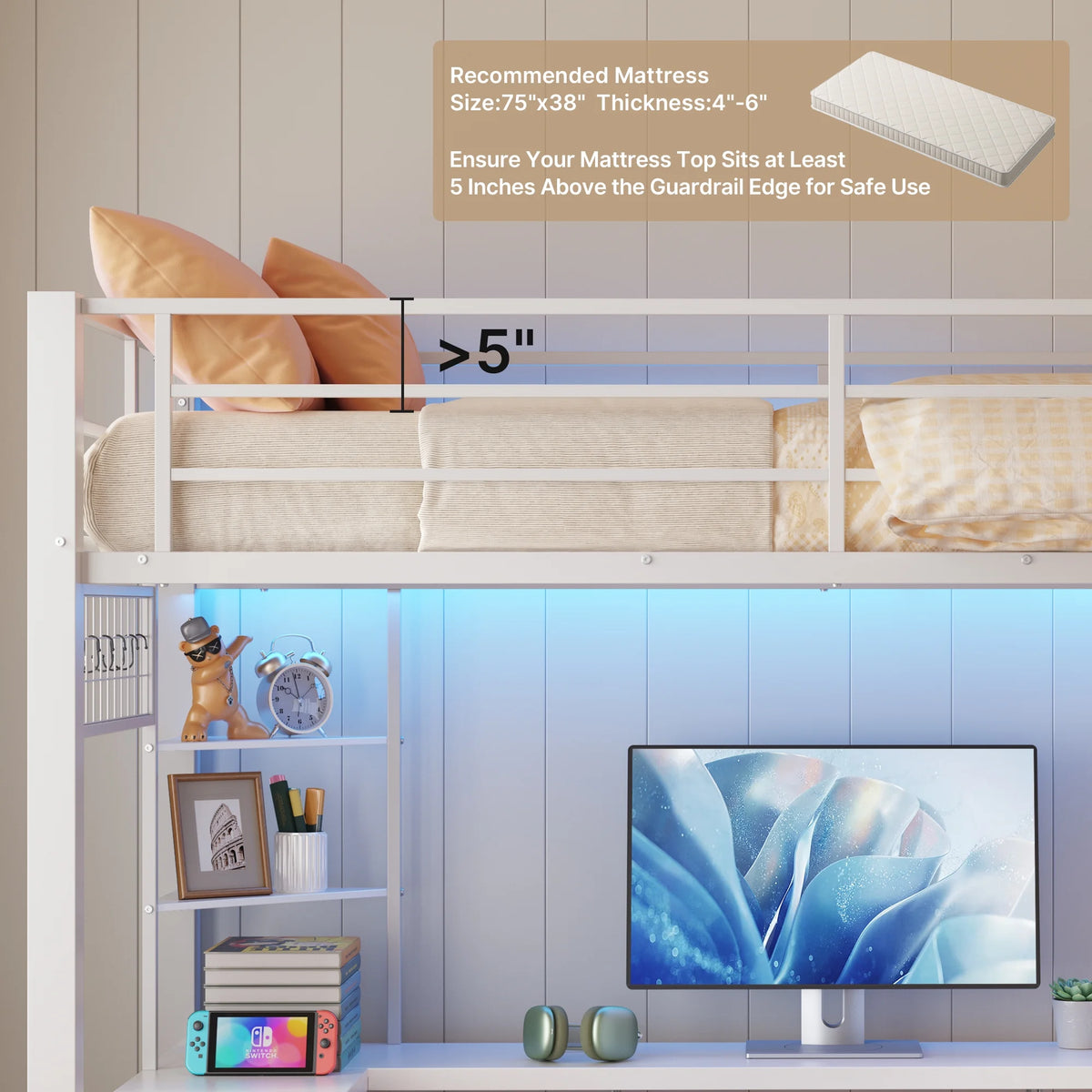 Lofka Twin Loft Bed with L-Shaped Desk, RGB Lights & Charging Station, 400lb Capacity Metal Frame, 3 Shelves & 2 Drawers, Easy Assembly��White
