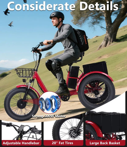 YEBEI Electric Tricycle for Adults Folding E-Trike Motorized Tricycle Electric 3 Wheels Trike Powerful 500W Motor Electric Tricycle 48V15AH Lithium Battery Max 20MPH 20*4.0” Fat Tire Orange