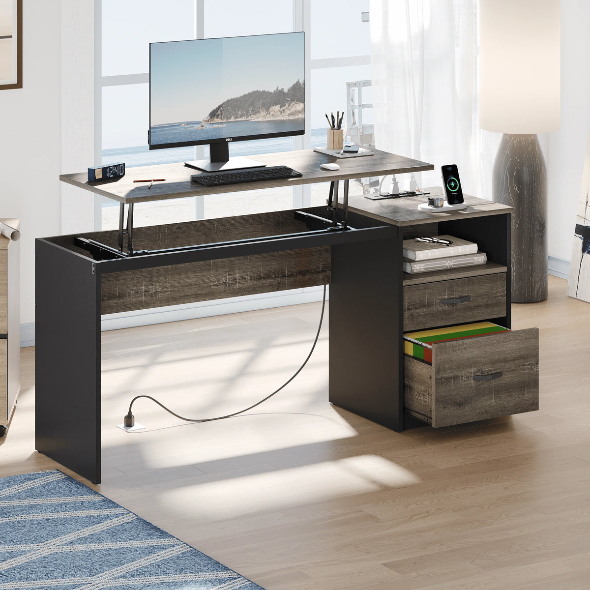 Bestier Computer Desk with Drawers Power Outlet  60" Office Desk Lift Top Desk, Gray