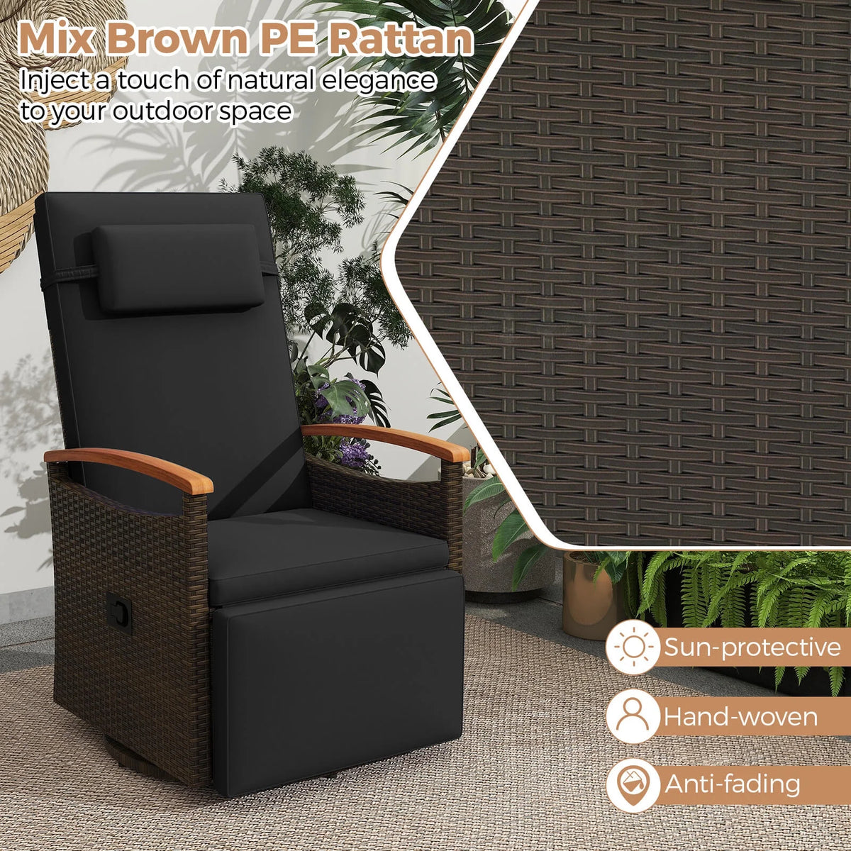 Costway Outdoor 360�� Swivel Rattan Recliner Chair Patio Wicker Chaise Lounge Chair Beige