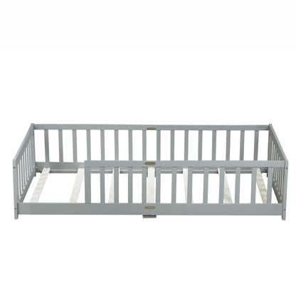 Miniyam Wooden Twin Size Floor Bed with Safety Fence for Kids, Natural