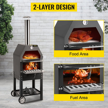 VEVOR Outdoor Pizza Oven, 12" Wood Fire Oven, 2-Layer Pizza Oven Wood Fired, Wood Burning Outdoor Pizza Oven with 2 Removable Wheels, Wood Fired Pizza Maker Ovens