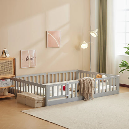 Zimtown Montessori Floor Bed Frame, Full Size Kids Toddler Bed with Fence and Door, Wooden Platform Bed, White